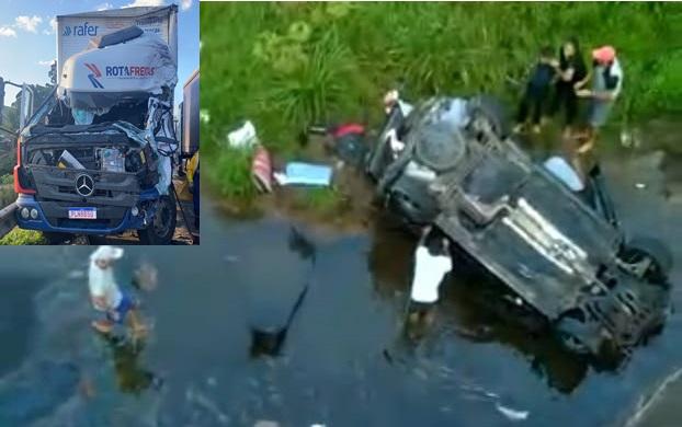 Irajuba: Carro com três pessoas despenca de ponte no Km 70, após motorista tentar evitar acidente com ciclista e colidir com carreta