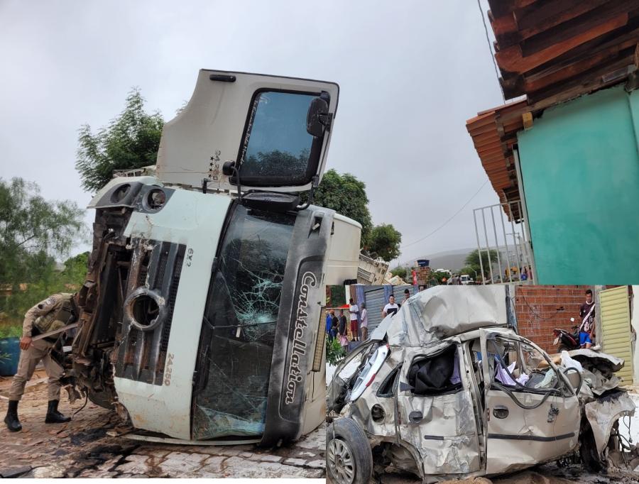 Caminhão fora de controle invade área urbana de Pé de Serra, mata motorista e destrói quiosque
