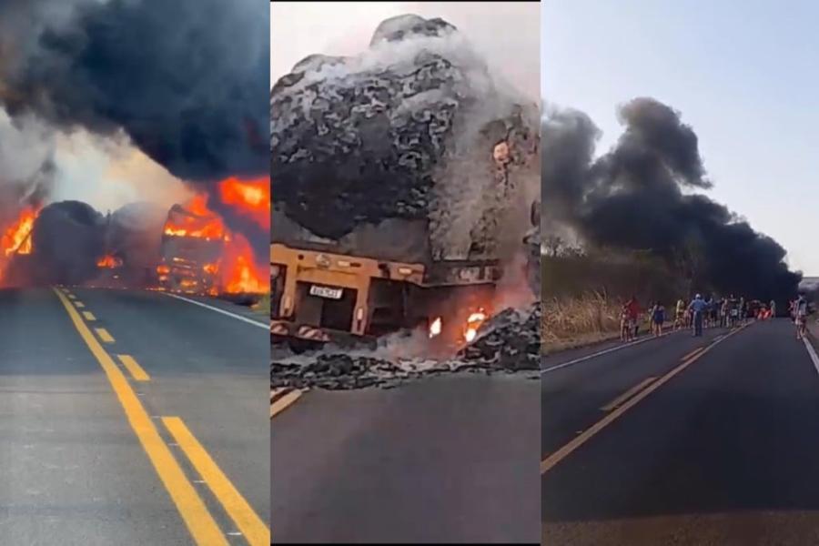Carreta carregada com caroço de algodão pega fogo na BR-030, em Caetité